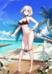  1991_(blz) 1girl beach bikini bikini_pull bird blonde_hair breasts cleavage clothes_pull contrapposto dutch_angle fate/grand_order fate_(series) flower forest groin hand_on_hip highres jeanne_d&#039;arc_(alter)_(fate) jeanne_d&#039;arc_(alter_swimsuit_berserker)_(fate) jeanne_d&#039;arc_(fate)_(all) large_breasts nature navel ocean palm_tree sand short_hair solo strap_gap swimsuit tree yellow_eyes 