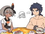  ... 1boy 2girls bangs bea_(pokemon) black_bodysuit black_eyes black_hair black_hairband blush bodysuit bodysuit_under_clothes bow_hairband bruno_(pokemon) cake chair closed_mouth collared_shirt commentary_request dark-skinned_female dark_skin dawn_(pokemon) dessert dynamax_band eyelashes food grey_eyes grey_hair hair_between_eyes hairband kiwi_of_ruin korean_commentary long_hair long_sideburns looking_down multiple_girls official_alternate_costume own_hands_together partially_colored plate pokemon pokemon_(game) pokemon_hgss pokemon_masters_ex pokemon_swsh ponytail print_shirt shirt shirtless short_hair short_sleeves sideburns sparkle sparkling_eyes spoken_ellipsis table tablecloth 