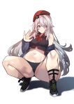  1girl 9a-91_(girls&#039;_frontline) :&lt; absurdres beret blue_eyes blush breasts girls&#039;_frontline grey_hair hat highres long_hair maho_(m_m_catdog) medium_breasts squatting very_long_hair 