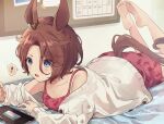  ! 1girl blue_eyes blush brown_hair bulletin_board calendar_(object) cellphone collarbone commentary_request ear_ornament feet_up hair_between_eyes jacket kanaiko lying narita_taishin_(umamusume) off_shoulder on_bed on_stomach open_clothes open_jacket open_mouth phone pink_skirt pink_tank_top short_hair skirt smartphone solo spoken_exclamation_mark tank_top umamusume white_jacket 