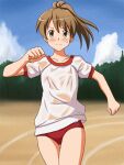  1girl bangs blue_sky breasts brown_eyes brown_hair buruma closed_eyes cloud cloudy_sky commentary_request covered_nipples day eyebrows_visible_through_hair frown gym_shirt gym_uniform lielos looking_at_viewer medium_hair original outdoors partial_commentary poniko_(lielos) ponytail red_buruma running running_track see-through shirt short_sleeves sky small_breasts solo sweatdrop thigh_gap wet wet_clothes wet_shirt white_shirt 
