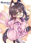  1girl android animal_ear_fluff animal_ears bangs black-framed_eyewear black_hair breasts brown_eyes cat_ears character_name extra_ears eyebrows_visible_through_hair glasses gradient_hair highres hololive hood hood_down hoodie looking_at_viewer mechanical_arms medium_breasts multicolored_hair nozomi_tsubame open_mouth pink_hoodie roboco-san short_hair solo two-tone_hair virtual_youtuber 