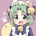  1girl :d animal_ears animal_hat bangs bell blue_bow blue_dress blush bow cat_ears cat_hat commentary_request dejiko di_gi_charat dress eyebrows_visible_through_hair fake_animal_ears green_eyes green_hair hair_bell hair_bow hair_ornament hat jingle_bell looking_at_viewer nekotoufu open_mouth parted_bangs puffy_sleeves purple_background smile two_side_up upper_body white_headwear 
