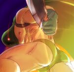 1boy abs ass ass_focus axe bara bare_pectorals briefs bulge cape character_request chest_hair copyright_request feet_out_of_frame from_behind gloves glowing glowing_eyes green_cape green_gloves green_male_underwear holding holding_axe incoming_attack katoributa_a large_pectorals leg_hair male_focus male_underwear mask muscular muscular_male nipples pectorals revealing_clothes solo stomach thick_thighs thighs underwear 