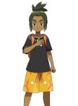  1boy :&lt; asatsuki_(fgfff) backpack bag black_eyes black_shirt clenched_hand closed_mouth collarbone commentary_request dark-skinned_male dark_skin floral_print green_hair half-closed_eyes hand_up hau_(pokemon) highres holding holding_poke_ball male_focus orange_bag orange_shorts poke_ball poke_ball_(basic) pokemon pokemon_(game) pokemon_sm shirt short_hair short_ponytail short_sleeves shorts solo split_mouth transparent_background unamused 
