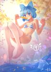  (9) 1girl absurdres alternate_costume bad_anatomy blue_bra blue_eyes blue_hair bra breasts cirno eating flying food highres ice ice_wings mechrailgun panties popsicle short_hair small_breasts striped striped_bra thighhighs touhou tree underwear water white_bra white_legwear white_panties wings 