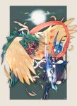  arrow_(projectile) border commentary_request decidueye eye_contact feathers furry gen_6_pokemon gen_7_pokemon glowing glowing_eyes greninja highres holding looking_at_another ngr_(nnn204204) orange_eyes pokemon pokemon_(creature) toes 