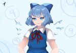  (9) 1girl :d bangs blue_bow blue_dress blue_eyes blue_hair bow breasts cirno detached_wings dress eyebrows_behind_hair gradient gradient_background hands_on_hips highres ice ice_wings light_blue_background looking_at_viewer majime_joe open_mouth pinafore_dress red_neckwear red_ribbon ribbon short_sleeves signature small_breasts smile solo touhou upper_body v-shaped_eyebrows wing_collar wings 