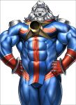  1boy animal_ears bara blue_bodysuit bodysuit bulge covered_abs fate/grand_order fate_(series) feet_out_of_frame furry furry_male gloves grey_fur grin hands_on_hips lion_boy lion_ears lion_hair long_hair looking_at_viewer male_focus mature_male mennsuke muscular muscular_male navel pectorals pelvic_curtain red_gloves smile solo thick_thighs thighs thomas_edison_(fate) white_hair 