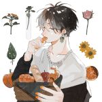  1boy absurdres autumn bread closed_eyes food from_side fruit highres holding holding_food holding_fruit organs somaz white_background 