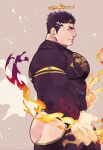  1boy ass bara black_bodysuit black_hair blush bodysuit bursting_pectorals facial_hair fire flaming_halo flaming_hand from_side halo highres hip_vent large_pectorals looking_at_viewer male_focus mature_male muscular muscular_male pectorals po_fu short_hair sideburns solo stomach stubble thick_thighs thighs tokyo_houkago_summoners zabaniya_(tokyo_houkago_summoners) 