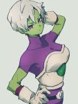  1girl arm_behind_head bodysuit breasts cheelai closed_mouth colored_skin dragon_ball dragon_ball_super dragon_ball_super_broly gloves green_skin grey_background hand_on_hip kemachiku looking_at_viewer medium_breasts pink_eyes purple_bodysuit saiyan_armor short_hair simple_background solo white_gloves white_hair 