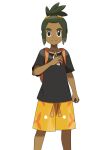  1boy asatsuki_(fgfff) backpack bag black_eyes black_shirt clenched_hand closed_mouth collarbone commentary_request dark-skinned_male dark_skin floral_print green_hair hand_up hau_(pokemon) highres holding holding_poke_ball male_focus orange_bag orange_shorts poke_ball poke_ball_(basic) pokemon pokemon_(game) pokemon_sm shirt short_hair short_ponytail short_sleeves shorts smile solo split_mouth transparent_background 