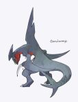  black_sclera character_name claws colored_sclera commentary_request full_body garchomp gen_4_pokemon glowing glowing_eyes looking_back ngr_(nnn204204) no_humans open_mouth pokemon pokemon_(creature) simple_background solo spikes standing white_background yellow_eyes 