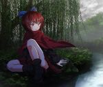  1girl absurdres black_footwear black_shirt blue_bow blush boots bow cape cloak hair_bow high_collar highres kakutasu_(akihiron_cactus) lake long_sleeves miniskirt open_mouth red_cape red_cloak red_eyes red_hair red_skirt rock sekibanki shirt short_hair sitting skirt solo touhou 