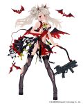  1girl assault_rifle bare_shoulders bat black_footwear blue_eyes blush braid braided_bangs breasts cf05_(girls&#039;_frontline) china_dress chinese_clothes cleavage closed_mouth demon_tail demon_wings double_bun dress embarrassed floating_hair full_body girls&#039;_frontline grey_hair grey_legwear gun halloween halloween_costume high_heels highres holding holding_gun holding_weapon horns large_breasts looking_at_viewer luicent messy_hair navel no_panties official_art open_mouth panda pelvic_curtain red_dress rifle simple_background solo tail thighhighs torn_clothes torn_dress torn_legwear torn_wings twintails weapon white_background wings 