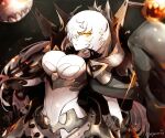  1girl abyssal_ship black_cape bow_(weapon) breasts cape colored_skin enemy_aircraft_(kancolle) european_armored_aircraft_carrier_princess glowing glowing_eye hi_ye holding holding_bow_(weapon) holding_weapon kantai_collection large_breasts long_hair orange_eyes solo weapon white_hair white_skin 