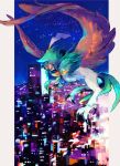  beak bright_pupils cityscape colored_sclera commentary_request decidueye flying gen_7_pokemon ngr_(nnn204204) night no_humans orange_sclera outdoors pillarboxed pokemon pokemon_(creature) red_eyes sky star_(sky) talons 