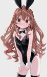 1girl absurdres aisaka_taiga animal_ears arms_at_sides black_bow black_leotard black_neckwear blush bow bowtie breasts brown_eyes brown_hair cleavage closed_mouth contrapposto cowboy_shot detached_collar dot_nose embarrassed fake_animal_ears grey_legwear highres leotard long_hair looking_at_viewer luicent playboy_bunny rabbit_ears simple_background solo standing strapless strapless_leotard thighhighs toradora! white_background wristband 
