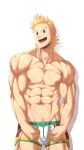  1boy abs absurdres bara blonde_hair blue_eyes boku_no_hero_academia bulge clothing_cutout cowboy_shot flexing highres inunekostudio male_focus male_underwear muscular muscular_male navel nipples pectorals pose red_male_underwear short_hair solo spiked_hair stomach thick_thighs thigh_cutout thighs togata_mirio underwear underwear_only veins white_male_underwear 