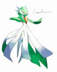  character_name colored_skin commentary_request full_body gardevoir gen_3_pokemon hand_up highres looking_down ngr_(nnn204204) orange_eyes outstretched_arm pokemon pokemon_(creature) simple_background solo white_background white_skin 