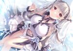  1girl absurdly_long_hair azur_lane black_choker black_neckwear black_sailor_collar bow_dress breasts choker clothing_cutout dress dress_flower feather_dress formidable_(azur_lane) formidable_(timeless_classics)_(azur_lane) from_above hair_ornament huge_breasts long_hair looking_at_viewer looking_up navel_cutout official_alternate_costume platinum_blonde_hair red_eyes sailor_collar shizuki_aya sleeveless sleeveless_dress smile solo twintails two-tone_dress two-tone_ribbon veil very_long_hair white_dress 