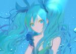  1girl bangs blue_background blue_bow blue_dress blue_eyes blue_hair blush_scarlet bow breasts bubble cleavage collarbone commentary dress eyebrows_visible_through_hair floating_hair hair_between_eyes hair_bow hatsune_miku long_hair parted_lips shinkai_shoujo_(vocaloid) shiny shiny_hair sleeveless sleeveless_dress small_breasts solo twintails underwater upper_body very_long_hair vocaloid 