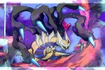  alternate_color blue_eyes blurry commentary_request distortion_world gen_4_pokemon giratina giratina_(origin) glowing glowing_eyes highres legendary_pokemon ngr_(nnn204204) no_humans pokemon pokemon_(creature) rock shiny_pokemon solo spikes water waterfall 