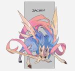  blue_fur character_name claws commentary_request full_body gen_8_pokemon highres legendary_pokemon legs_apart looking_at_viewer mouth_hold ngr_(nnn204204) no_humans pokemon pokemon_(creature) signature standing sword weapon yellow_eyes zacian zacian_(crowned) 