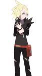  1boy ahoge asatsuki_(fgfff) bag bangs black_pants blonde_hair collarbone commentary_request ear_piercing fanny_pack gladion_(pokemon) green_eyes hair_over_one_eye hand_on_own_wrist highres hood hood_down hoodie long_sleeves looking_at_viewer male_focus orange_bag pants parted_lips piercing pokemon pokemon_(game) pokemon_sm smile solo standing torn_clothes torn_hoodie torn_pants transparent_background 