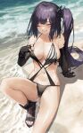  1girl ;) absurdres architect_(girls&#039;_frontline) architect_(type_nvw)_(girls&#039;_frontline) arm_support bangs beach black_footwear black_gloves black_hair black_swimsuit breasts casual_one-piece_swimsuit cleavage commentary day elbow_gloves fingerless_gloves girls&#039;_frontline gloves grin halterneck highres knee_up large_breasts long_hair looking_at_viewer nail_polish navel o-ring o-ring_swimsuit official_alternate_costume one-piece_swimsuit one_eye_closed outdoors pink_eyes pink_nails side_ponytail sitting smile solo stomach swimsuit toenail_polish toenails tunamayo_(dsasd751) very_long_hair water 