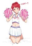  aikatsu! aikatsu!_(series) barefoot blue_choker blush cheerleader choker crop_top dot_nose grin head_tilt highres holding holding_pom_poms ichinose_kaede kneeling looking_at_viewer midriff miniskirt navel osame pleated_skirt pom_pom_(cheerleading) red_eyes red_hair short_hair simple_background skirt smile stomach white_background white_skirt 