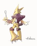  alakazam arm_behind_back black_eyes character_name claws commentary_request from_behind full_body gen_1_pokemon ngr_(nnn204204) pokemon pokemon_(creature) simple_background solo spoon white_background 