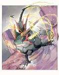  alternate_color black_sclera claws colored_sclera commentary_request fang gen_3_pokemon glowing highres legendary_pokemon looking_to_the_side mega_pokemon mega_rayquaza ngr_(nnn204204) no_humans open_mouth orange_eyes pillar pokemon pokemon_(creature) rayquaza shiny_pokemon 
