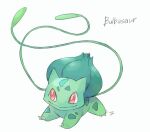  bright_pupils bulbasaur character_name claws closed_mouth commentary_request fangs fangs_out full_body gen_1_pokemon ngr_(nnn204204) no_humans plant pokemon pokemon_(creature) red_eyes signature simple_background smile solo vines white_background white_pupils 