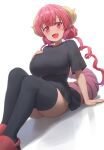  1girl :d absurdres arm_support black_legwear black_shirt breasts commentary dragon_girl dragon_horns dragon_tail free_style_(yohan1754) highres horns huge_breasts ilulu_(maidragon) kobayashi-san_chi_no_maidragon long_hair looking_at_viewer open_mouth red_eyes red_hair shirt short_sleeves simple_background sitting smile solo tail thighhighs white_background 