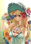  1girl absurdres adjusting_clothes adjusting_headwear alternate_costume arms_up atago_(kancolle) bare_shoulders blonde_hair blue_dress breasts cleavage closed_mouth collarbone commentary_request dress flower flower_request hair_flower hair_ornament hat hibiscus highres huge_breasts incredibly_absurdres kantai_collection long_hair looking_away luicent morning_glory signature smile solo straw_hat sun_hat white_background wrist_cuffs 
