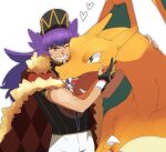  1boy argyle bangs baseball_cap bright_pupils cape champion_uniform charizard dark-skinned_male dark_skin dynamax_band eyebrows_visible_through_hair facial_hair fangs fur-trimmed_cape fur_trim gen_1_pokemon gloves green_eyes grin hat heart highres leon_(pokemon) long_hair male_focus morio_(poke_orio) one_eye_closed open_mouth partially_fingerless_gloves pokemon pokemon_(creature) pokemon_(game) pokemon_swsh purple_hair red_cape shield_print shirt short_shorts short_sleeves shorts single_glove smile sword_print symbol-only_commentary teeth tongue white_background white_pupils white_shorts yellow_eyes 