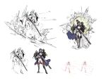  1girl ark_royal_(azur_lane) azur_lane black_hair blue_coat boots breasts cleavage coat collage gloves gun highres holding holding_gun holding_weapon large_breasts looking_at_viewer mkiiiiii multiple_views official_art pants rifle rigging short_hair sketch standing thigh_boots thighhighs weapon white_background white_gloves white_pants yellow_eyes 