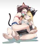  2girls animal_ears animal_hat aqua_bra aqua_panties arms_around_neck bangs barefoot baseball_cap black_choker black_headwear black_jacket blonde_hair blunt_bangs blush bra breasts brown_hair cat_tail choker copyright_name denim denim_shorts dog_hat dog_tail eating eyebrows_visible_through_hair fang feet food food_on_face foreshortening girl_on_top hat hat_with_ears highres holding holding_food ice_cream ice_cream_cone ice_cream_on_face jacket kmnz long_hair long_sleeves mc_lita mc_liz medium_hair multiple_girls nail_polish nonco off_shoulder one_eye_closed open_mouth panties pink_bra pink_nails purple_eyes short_shorts shorts simple_background skin_fang small_breasts soles straddling tail tail_raised toes tongue tongue_out underwear upright_straddle virtual_youtuber white_background 