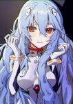  1girl ayanami_rei blue_hair bodysuit breasts chromatic_aberration chung1000 closed_mouth evangelion:_3.0+1.0_thrice_upon_a_time film_grain gloves hair_between_eyes hands_up headgear long_hair looking_at_viewer medium_breasts neon_genesis_evangelion plugsuit rebuild_of_evangelion red_eyes solo upper_body white_bodysuit white_gloves 
