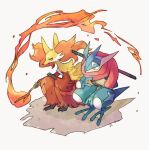  commentary_request delphox eyelashes fire furry gen_6_pokemon greninja holding holding_stick looking_to_the_side ngr_(nnn204204) pokemon pokemon_(creature) squatting stick strap sword toes weapon yellow_eyes 