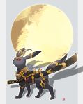  closed_mouth clothed_pokemon commentary_request from_side full_body gen_2_pokemon highres jacket nigiri_(ngr24) no_humans outline pokemon pokemon_(creature) red_eyes sheath signature solo standing sword umbreon weapon 