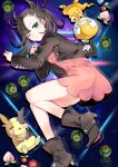  1girl absurdres ankle_boots asymmetrical_bangs bangs berry_(pokemon) blue_eyes boots brown_footwear brown_jacket closed_mouth commentary_request dress dusk_ball eyelashes gen_5_pokemon gen_8_pokemon hair_ribbon highres jacket long_sleeves looking_at_viewer lying marnie_(pokemon) morpeko morpeko_(full) on_side one_eye_closed open_clothes open_jacket pink_dress poke_ball pokemon pokemon_(creature) pokemon_(game) pokemon_swsh red_ribbon reflection ribbon scraggy you_chi27 