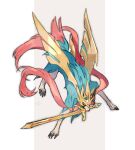  blue_fur claws commentary_request full_body gen_8_pokemon highres legendary_pokemon looking_at_viewer mouth_hold ngr_(nnn204204) no_humans pokemon pokemon_(creature) red_eyes signature standing sword weapon zacian zacian_(crowned) 