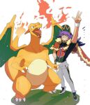  1boy arm_up baseball_cap cape champion_uniform charizard claws closed_eyes dark-skinned_male dark_skin dynamax_band facial_hair fangs fire flame fur-trimmed_cape fur_trim gen_1_pokemon gloves grass green_eyes grin hand_on_hip hat highres leggings leon_(pokemon) long_hair male_focus morio_(poke_orio) open_mouth pokemon pokemon_(creature) pokemon_(game) pokemon_swsh purple_hair red_cape shield_print shirt shoes short_shorts short_sleeves shorts single_glove smile standing sword_print symbol-only_commentary teeth tongue w white_background white_legwear white_shorts white_wristband wristband 