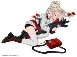  1girl assault_rifle bag_removed black_footwear black_shorts blush boots bow braid cf05_(girls&#039;_frontline) closed_eyes double_bun doughnut_hair_bun girls&#039;_frontline grey_shirt gun hair_bow hair_spread_out holding holding_gun holding_weapon long_sleeves luicent lying mouth_drool object_hug official_art on_side parted_lips red_bow rifle shirt shorts simple_background sleeping solo thighhighs twin_braids weapon white_background white_legwear 
