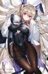  1girl anchorage_(azur_lane) animal_ears azur_lane black_legwear breasts cleavage cleavage_cutout clothing_cutout grey_hair highres hwansang_jungdog large_breasts leotard lying on_back pantyhose playboy_bunny rabbit_ears red_eyes skin_tight skindentation smile solo thick_thighs thighs 