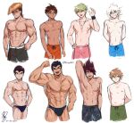  6+boys :d abs ahoge alternate_skin_color amami_rantarou arm_up arms_behind_back bangs bara black_hair blue_male_swimwear blush brown_hair brown_male_swimwear clenched_hand collarbone cropped_legs danganronpa_(series) danganronpa_2:_goodbye_despair danganronpa_s:_ultimate_summer_camp danganronpa_v3:_killing_harmony dark-skinned_male dark_skin dated facing_viewer green_hair grin hand_up hands_on_hips highres hinata_hajime ishimaru_kiyotaka jewelry komaeda_nagito looking_at_viewer male_focus male_swimwear messy_hair momota_kaito multiple_boys muscular muscular_male naegi_makoto navel necklace nidai_nekomaru nifast_(greentail) official_alternate_costume oowada_mondo open_mouth orange_male_swimwear pink_male_swimwear plump short_hair signature smile swim_briefs toned toned_male white_hair 