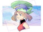  1girl bangs bare_arms breasts brown_hair commentary_request eyelashes gen_3_pokemon green_bandana grey_eyes grin looking_to_the_side lotad may_(pokemon) ngr_(nnn204204) on_head pokemon pokemon_(creature) pokemon_(game) pokemon_emerald pokemon_on_head pokemon_rse sleeveless smile teeth upper_body 
